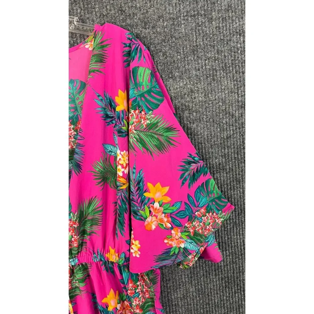 Belle Kim Gravel Cover Up Womens Medium/Large Pink Tropical Short Sleeve Boho